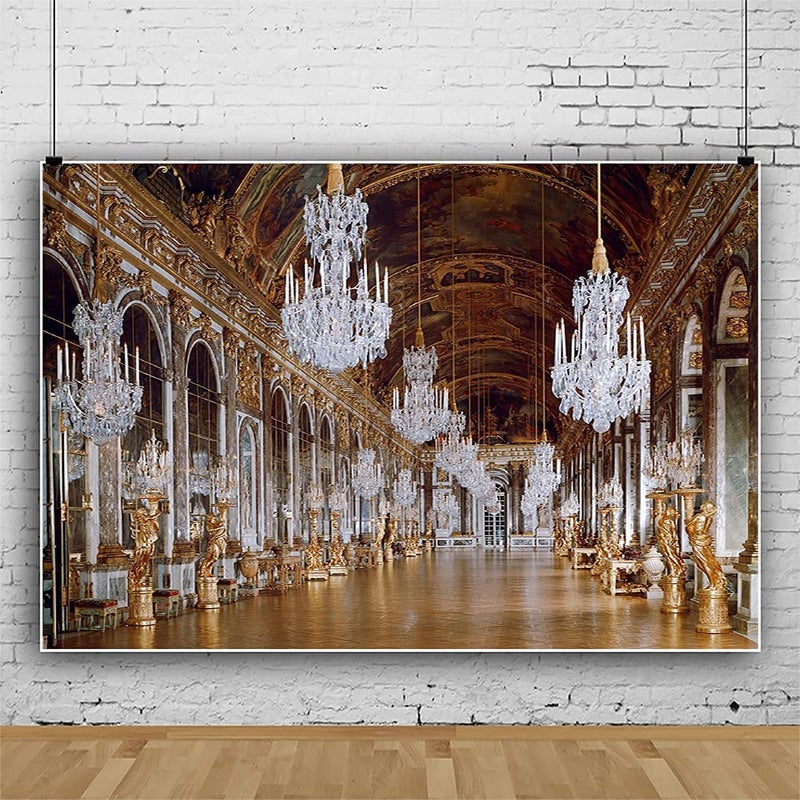 AOFOTO 7x5ft Versailles Palace Mirror Gallery Background Luxury Chandelier Photography Backdrop Sculpture Retro Ceiling Mural Wedding Lovers Adult Portrait Vintage Photo Studio Props Wallpaper - Image 3